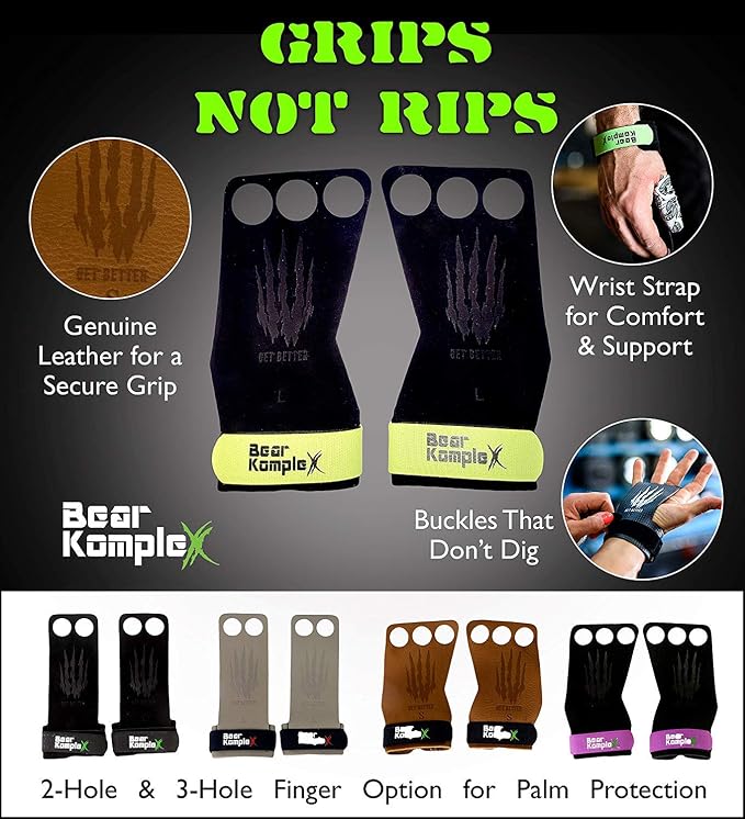 Bear KompleX 2 Hole Leather Hand Grips for Workouts, Pull-ups, Weightlifting, WOD Gymnastics, Crosstraining Palm Grips with Wrist Wraps, Hand Protection from Rips and Blisters,1 Pair
