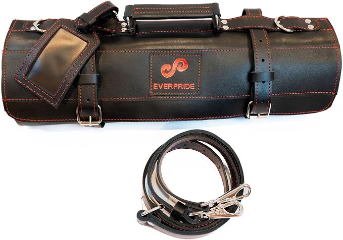 EVERPRIDE Black Leather with Gorgeous Red Trim, Professional Chef Knife Roll and Bag for Knives. Premium Leather Bag, Sturdy Construction, Luxury Collection.