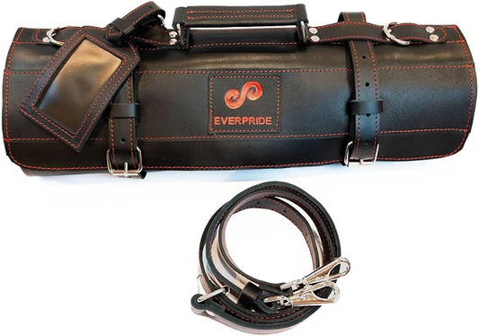 EVERPRIDE Black Leather with Gorgeous Red Trim, Professional Chef Knife Roll and Bag for Knives. Premium Leather Bag, Sturdy Construction, Luxury Collection.