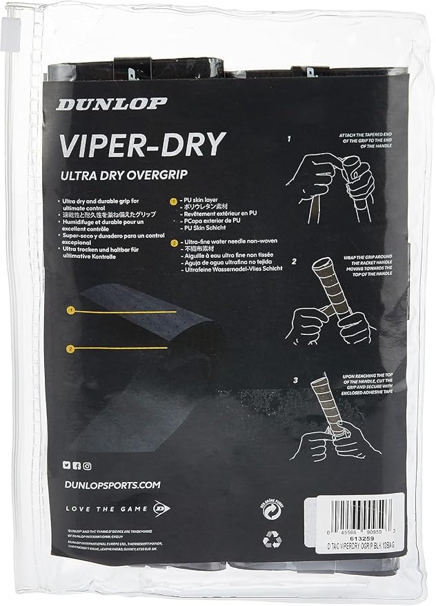 Dunlop Sports Viper-Dry Tennis/Squash/Badminton/Padel OVERGRIP (3-Pack, 12-Pack, 30-Pack Roll) (Black & White Colors) (Ultra Dry and Durable Grip for Ultimate Control)