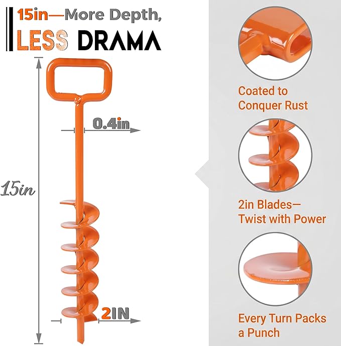 15in Screw in Tent Stakes for 2026 - Ground Anchors Screw in(Orange,12PCS) | Tent Stakes Heavy Duty with drill adapter and 30ft nylon rope; for tent anchors and heavy duty ground anchoring