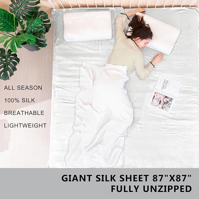 100% Silk Sleep Sack with Zippers on 3 Sides, 87”x43” Large Sleeping Liners for Hotels, Travel & Camping, Multifunctional Travel Sheets (Unzipped:87”x87”) for Adults, Lightweight, All Seasons