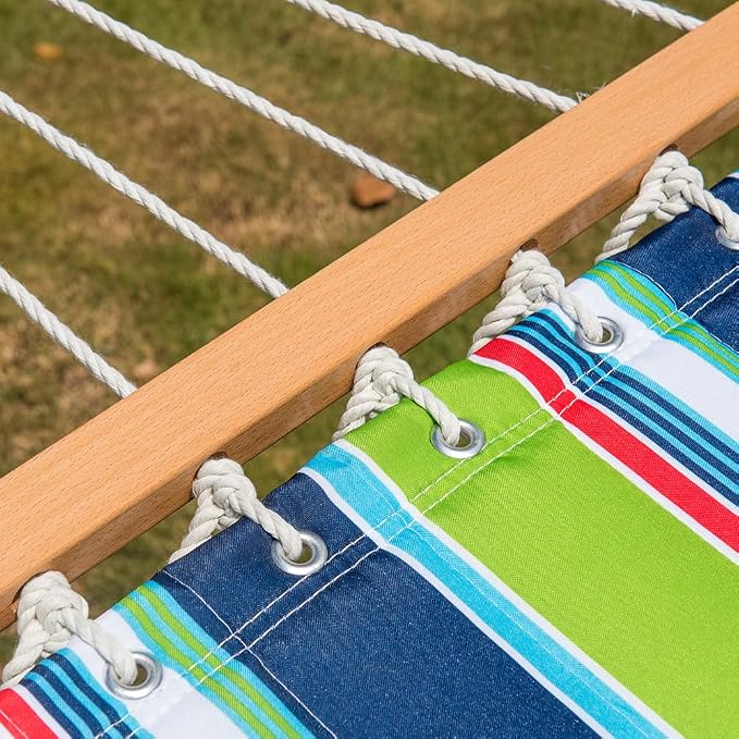 Lazy Daze 12 FT Quilted Fabric Double Hammock with Spreader Bars and Detachable Pillow, 2 Person Hammock for Outdoor Patio Backyard Poolside, 450 LBS Weight Capacity, Green/Blue Stripe