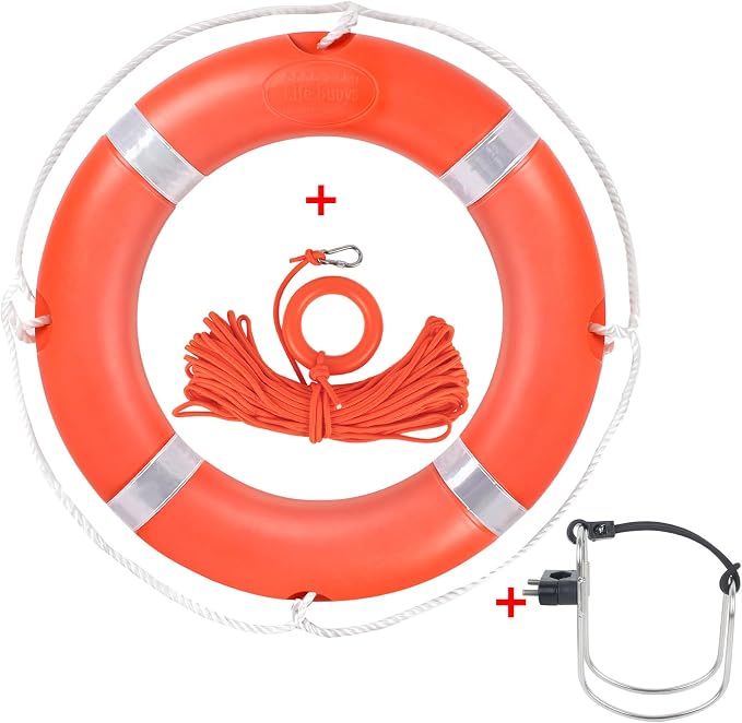 Life Preserver Ring 23"/28", Boat Safety Throw Rings with Bracket, Orange Buoy with Rope 98.5 FT and Reflective Tape for Boat