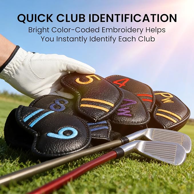 FINGER TEN Magnetic Golf Club Head Covers Value 9 Pack for Iron and Wedge, Premium PU Leather with Double-Sided Colorful Embroidery Label, Stylish Black Covers for Strong Protection