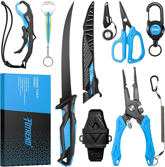 Fishing Tool Kit, Fishing Gear and Gifts for Men | Fishing Plier with Sheath, Fillet Knife, Fishing Scissors, Fish Lip Gripper, Tool Retractor, Keychain Bottle Opener