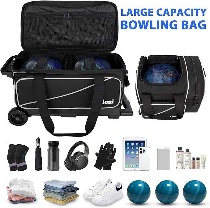 Goloni 3 Ball Bowling Bag with Wheels, 2+1 Double Roller Bowling Bag with Shoe Compartment,Tote Bag for Bowling Accessories