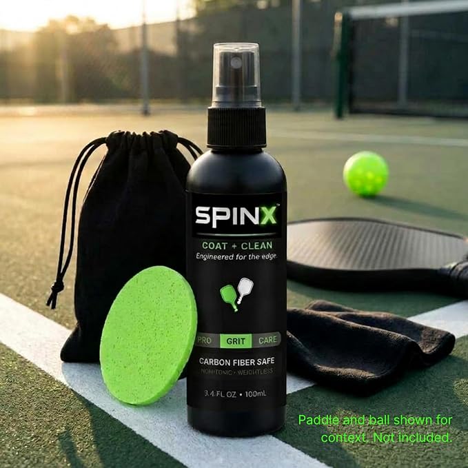 SPINX Carbon Fiber Pickleball Paddle Cleaner Spray — Coat + Clean Kit — Patented Mesoporous Surface Technology Preserves Grit & Spin, Non-Abrasive Alternative to Paddle Erasers, Lab Tested, 100mL | Low-VOC, Alcohol-free