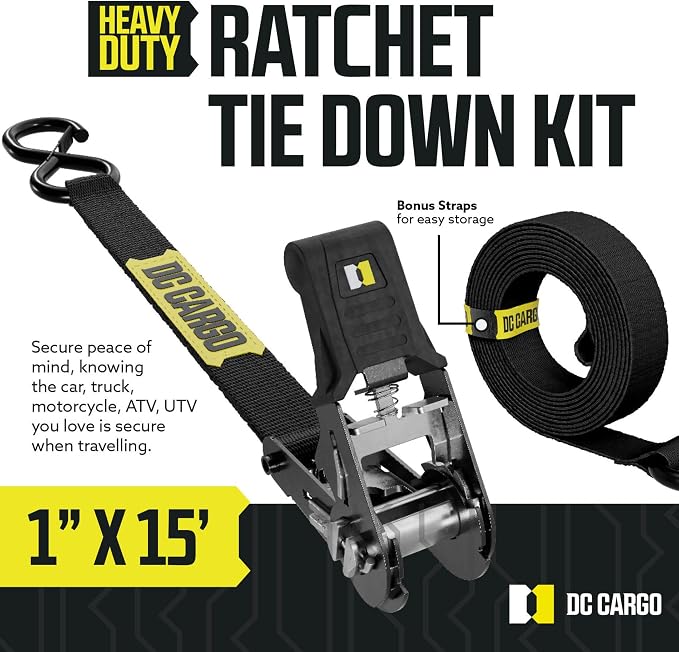 DC Cargo Mall Ratchet Straps Tie Downs 4 Pack (1,800 LB Break Strength) 1" x 15 Feet Tie Down Straps with Safety Lock S Hooks for Cargo, Trucks, Appliances, Moving.