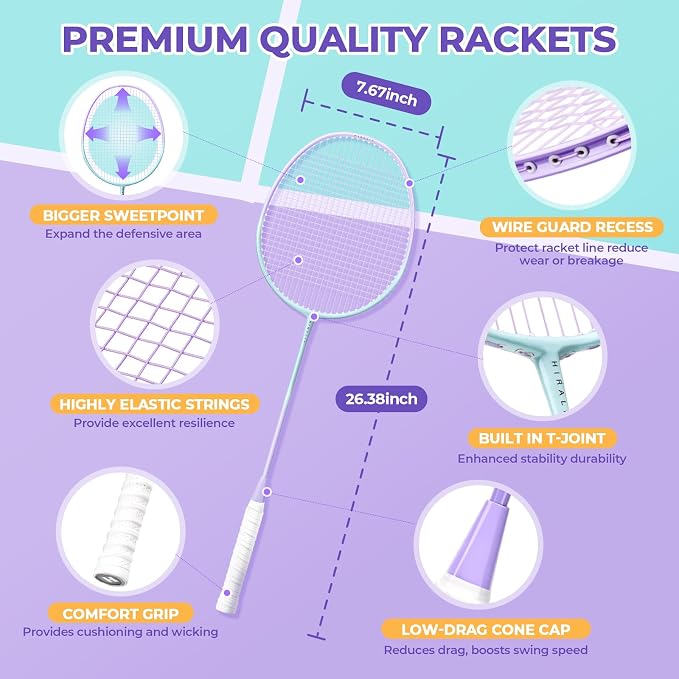 HIRALIY Badminton Rackets Set for Backyards, Badminton Set, Includ 2/4 Rackets, 6/12 Birdies, 1 Carrying Bag, Outdoor Game for Adult Family Beginner