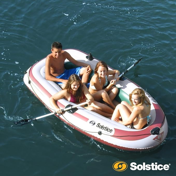 SOLSTICE Inflatable Boat for Lakes, Rivers & Beaches – Heavy-Duty Raft with Swivel Oar Locks, Rod Holders & Inflatable Seats – Voyager, Fishing, Full Kit Includes Oars & Pump, 4-Person, Brown, 8'6"