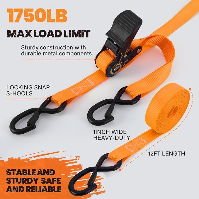 1" x 12' Heavy Duty Ratchet Straps (4-Pack) with 4 Soft Tie Downs & Bag - 1,750lb Break Strength, Safety S Hooks for Truck, Trailer, Motorcycle, Cargo Moving - Orange