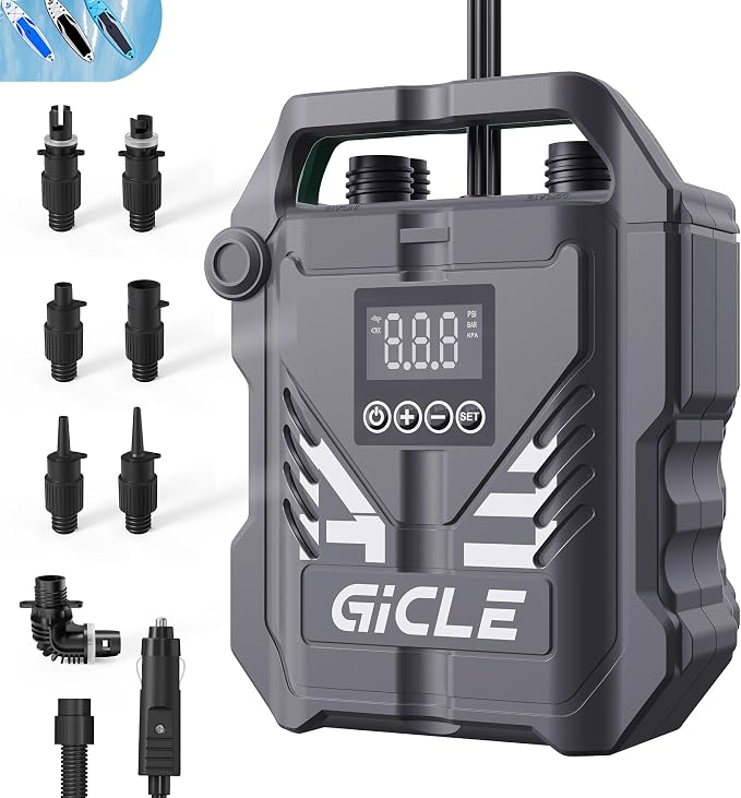 GICLE Paddle Board Pump Electric Portable with 12V DC Car Connector,22PSI Electric SUP Pump for Inflatebles Paddleboard,Bed,Mattress with Dual Stage Inflation and Boat Accessories