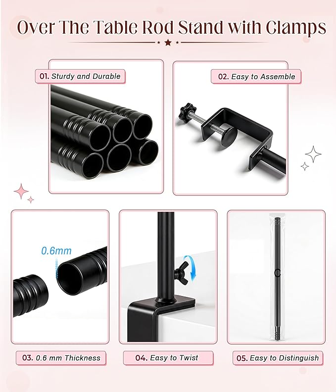 MEILIDY Over The Table Rod Stand with Clamps, Adjustable 33.5"-106" Length 36.6"-48" Height, Table Balloon Arch Backdrop Stand for Party Wedding Birthday Anniversary, Black