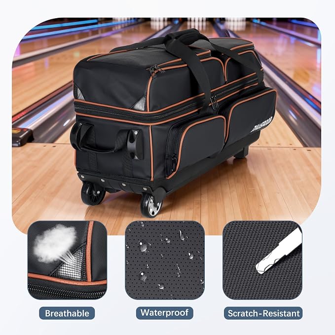 3 Ball Bowling Bags with Wheels, Bowling Bags 3 Ball Roller - 900D Oxford Waterproof PU, Bowling Bag with Multi-Separate Storage Pockets & Retractable Handle Extends to 40''