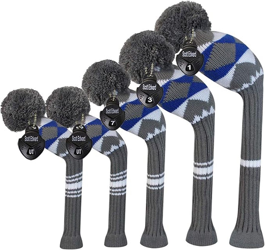 Scott Edward Knit Golf Club Cover for Woods and Driver Set of 5 Head Covers Protect Driver Wood(460cc)* 1 Fairway Wood*2 and Hybrid/UT*2 with Rotating Club Number Tags
