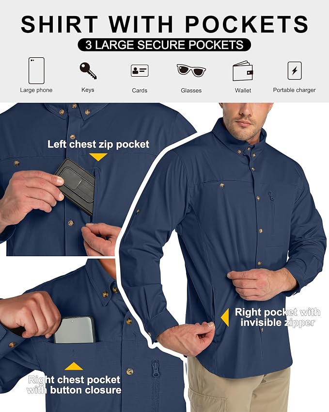 33,000ft Men's UPF 50+ UV Protection Long Sleeve Hiking Shirts Breathable Quick Dry Fishing Shirts for Safari, Outdoor