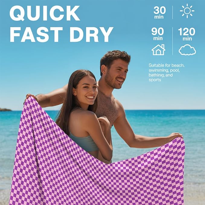 2 Pcs Microfiber Beach Towel, Sand Free Quick Dry Oversized Retro Red Pink Checkerboard, Lightweight Travel Pool Yoga Camping Accessories for Adults, 71 x 32 Inches
