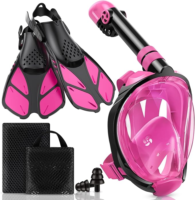 Viginsul Snorkeling Gear for Kids Teens, Full Face Snorkel Mask & Adjustable Swim Fins Snorkel Set, Panoramic View Snorkel Mask with Dry Top System & Gear Bag, Anti-Fog Anti-Leak
