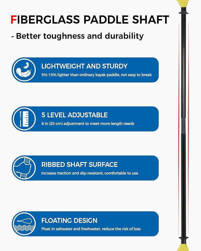 Kayak Paddle with Fiberglass Shaft and Reinforced Nylon Blade, Adjustable Kayaking Oars, 3 Piece, 230-250 cm/90-98 inches, 210-230 cm/82-90 inches