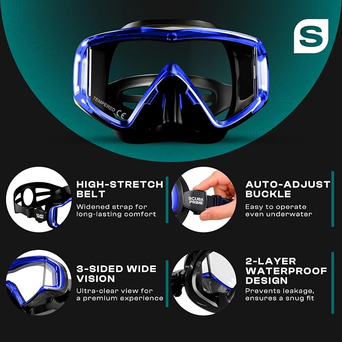Pano 3 180° Panoramic Dive Mask, Three-Window Tempered Glass Scuba Mask with Dry Top Snorkel, Dual-Layer Silicone Skirt Anti-Leak Diving Gear for Men Women Teens Adults, 4 Color Options