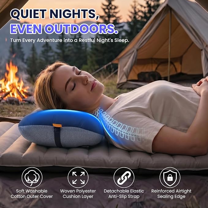 Inflatable Camping Pillow - Ultralight Compact Air Pillow for Travel, Backpacking & Hiking - Ergonomic Neck & Lumbar Support - Portable Inflatable Pillow with Removable Washable Cover - (Navy Blue)