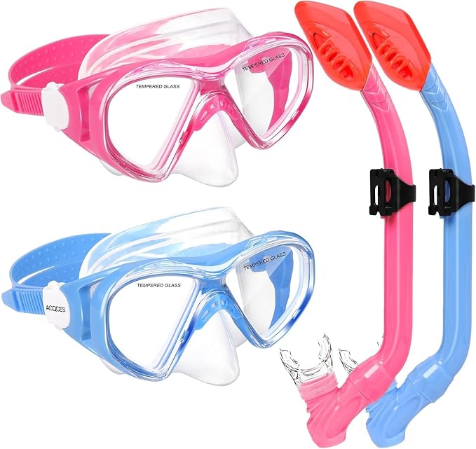 2 Sets Snorkeling Gear for Kids, Kids Snorkel Set for Ages 6-14, Dry Top Snorkel Mask Set for Youth Boys Girls Junior, Tempered Glass Diving Swimming Mask Goggles