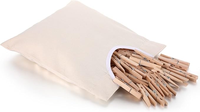 Clothes Pins Bag Holder Laundry Canvas Clothespin Bag with Hanging Hook, 100 Pieces 2.8 x 0.4 Inch Large Wooden Clips Wood Clothespins with Spring for Line-Drying