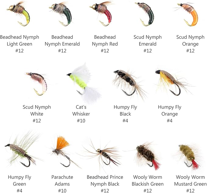 BASSDASH Fly Fishing Flies Kit Fly Assortment Trout Bass Fishing with Fly Box with Dry/Wet Flies, Nymphs, Streamers, Popper