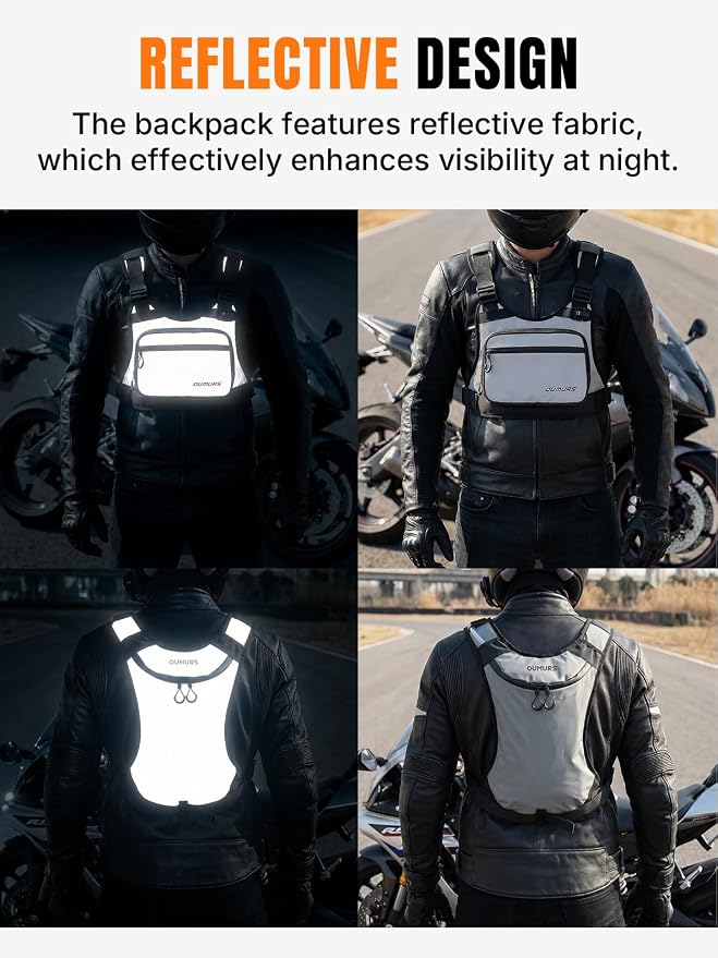OUMURS Reflective Motorcycle Chest Bag with Quick-Release Buckle for Men & Women, Water-Resistant 1800D Chest Pack, 2L Hydration Compatible, High Visibility for Riding, Cycling, Hiking