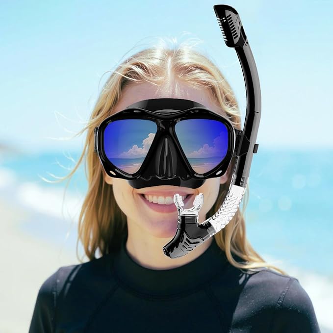 Snorkeling Gear for Adults, Snorkel Mask With Mirrored Tempered Glass Lens 180° Wide View Anti-Fog Scuba Diving Mask, Professional Snorkel Set for Swimming Diving, Gifts for Women Mom Men Dad