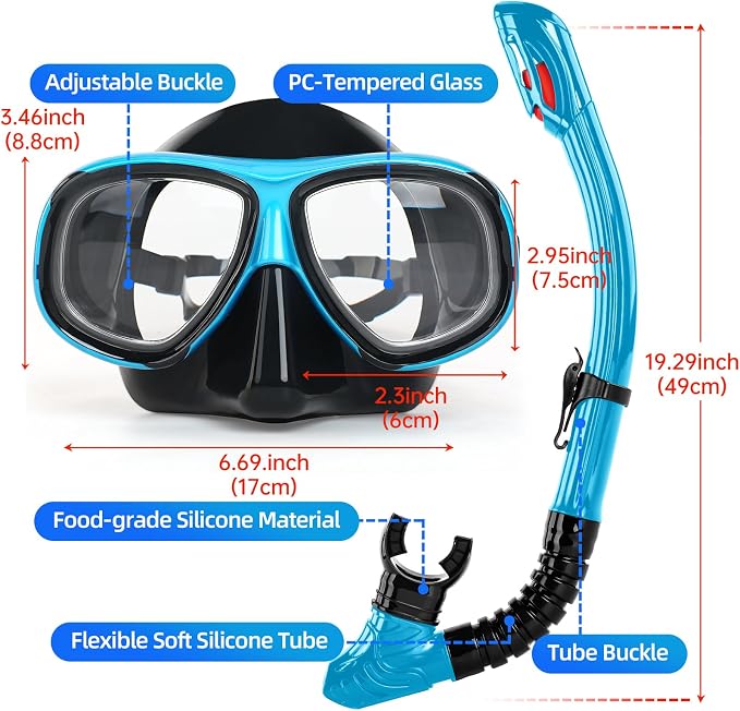 Nearsighted Snorkeling Gear for Adults Youth, Professional Full Dry Top Silicone Snorkel Set, Anti-Fog Scuba Diving Mask with Adjustable Strap