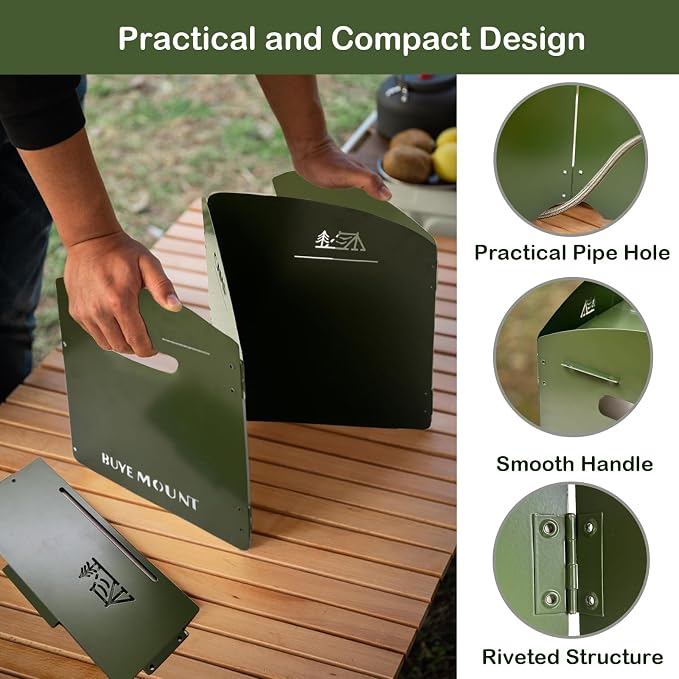Stove Windscreen - Folding Camping Stove Windshield 4 Plates Stainless Steel Stove Windscreen with Shelf Board for Outdoor, Picnic, Backpacking and Cooking Green, Large, SW-01-Grn