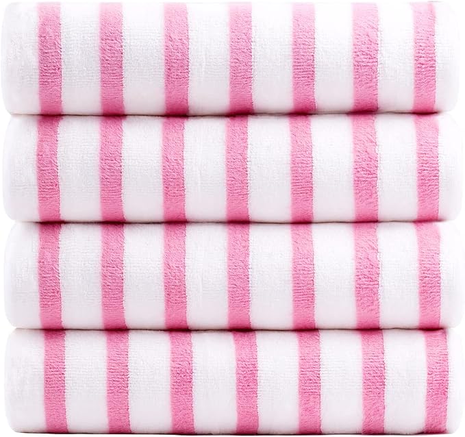 JML Beach Towels, 4 Pack, 30" x 60", Large Microfiber Bath Towel Set, Cabana Stripe, Absorbent, Quick Dry for Salon, Sauna, Hotel, Travel, Sport, Swimming, Pool, Yoga, Camping, Stripe Pink White
