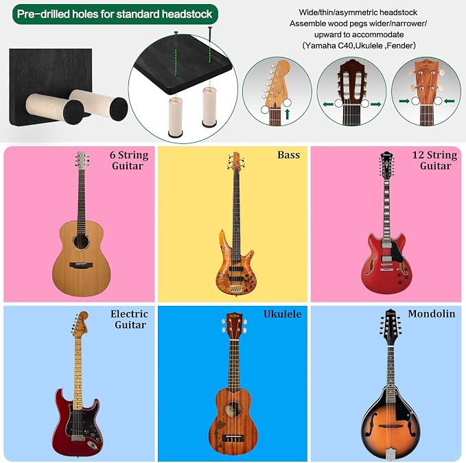 Keebofly Guitar Wall Hanger,2 Pack Guitar Wall Mount Holder Guitar Hanger Shelf with Pick Holder Wood Guitar Rack for Acoustic or Electric Guitar,Ukulele,Bass,Mandolin Black,[Patented]