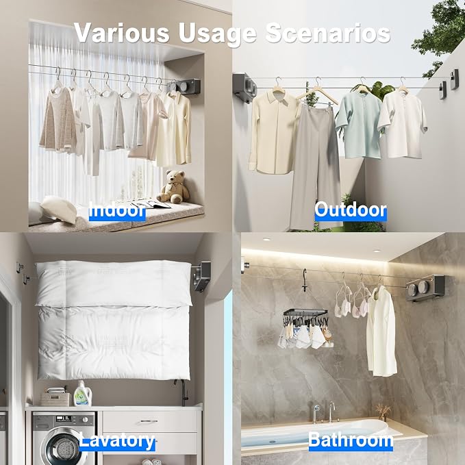 MUSTORN Retractable Twin Clothesline Indoor, Non-Sagging Outdoor Clothes Line Retracting Heavy Duty Clothes Drying Laundry Line Wall Mounted Stainless Steel Line-13.8Feets(Double Line-Gray)