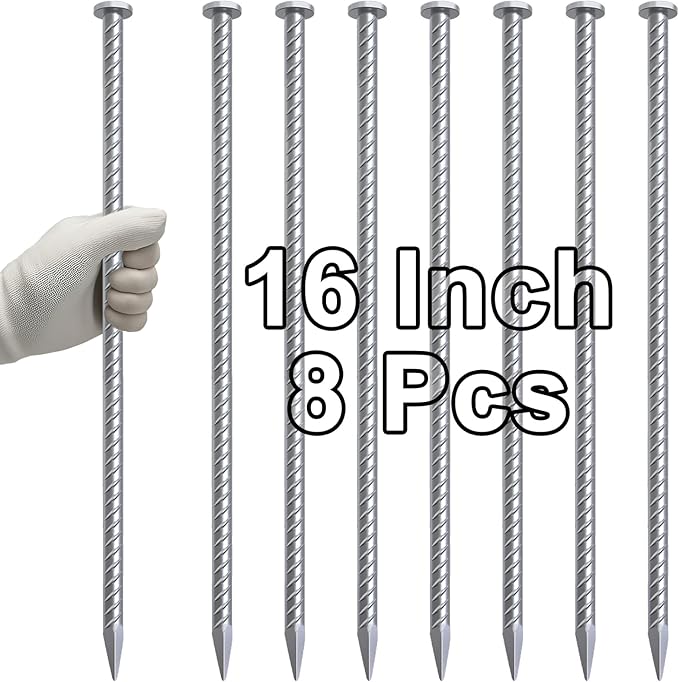 VVOKGO 16 Inch Rebar Stakes Metal Asphalt Anchoring Spikes Ground (8pcs), 1/2 Inch Diameter Galvanized Landscape Anchors Heavy Duty for Speed Bump, Handicap Threshold Ramps, Parking Limits Curb, Tarp