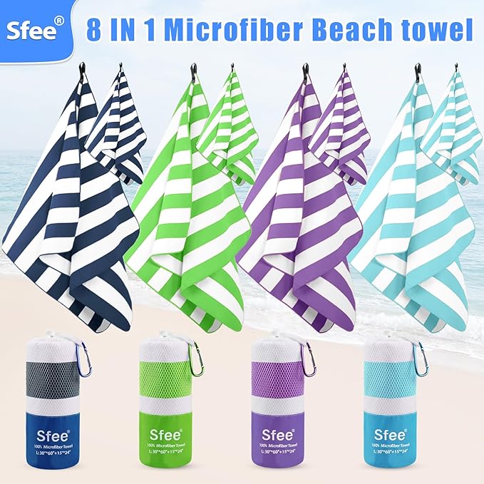 Sfee 4 Pack(8Pcs) Microfiber Travel Towel, Beach Towel Quick Dry Towel Camping Towel Super Absorbent Compact Lightweight Sports Gym Towels for Beach, Gym, Hiking, Pool, Backpacking, Bath, Yoga