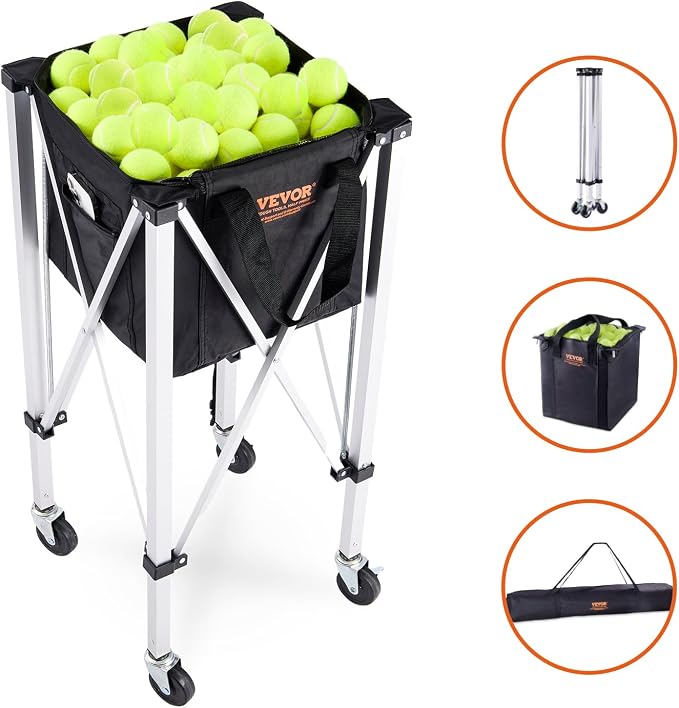 VEVORFoldable Tennis Ball Hopper, Holds 150-180 Tennis Balls, Lightweight Aluminum Alloy Tennis Ball Basket Cart with Wheels for Tennis Player