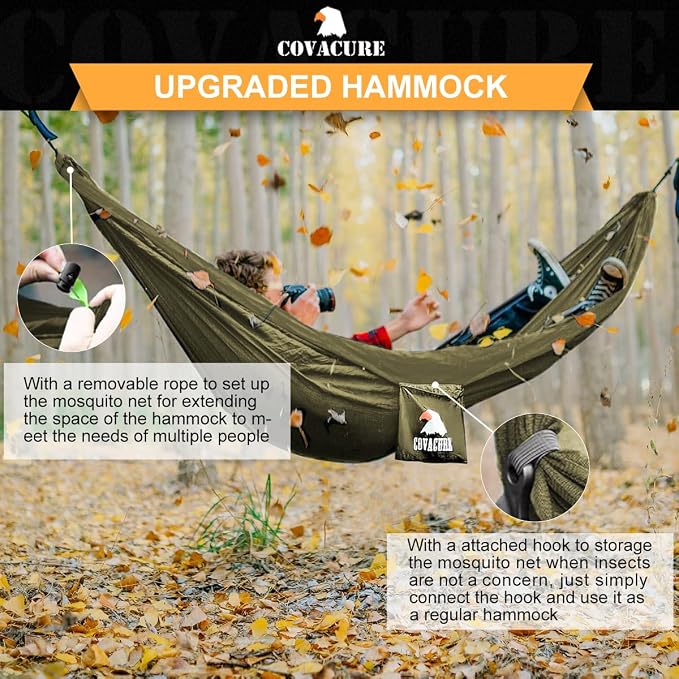 COVACURE Camping Hammock - 772lbs Capacity Portable Hammock with Tree Straps, Durable Parachute Nylon Travel Hammock, Outdoor Camping Gear for Hiking, Backpacking, Travel or Backyard (Army Green)