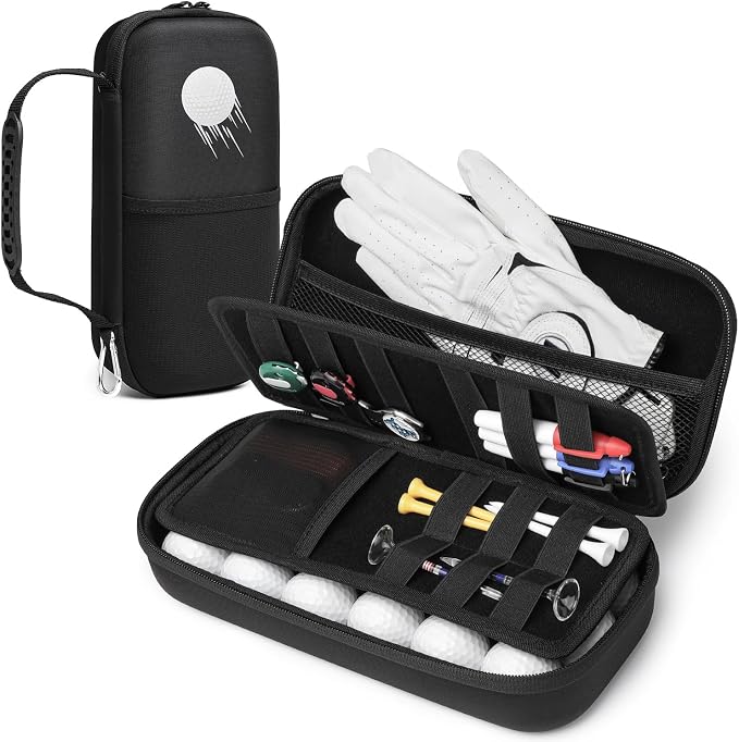 Golf Glove Holder Case with Glove Shaper - Protective Hard Shell Golf Accessories Case Bag with 2 Dividers Fits Balls, Tees, Markers - Ideal Gift