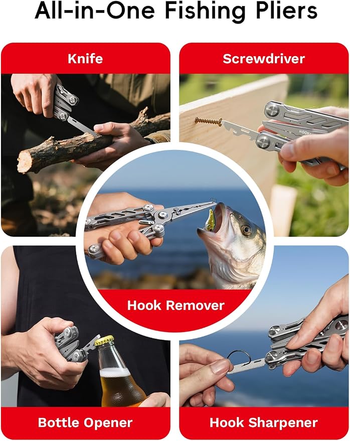 HOOK-EZE Fishing Knot Tying Tool, HOOK-EZE Folding Fishing Pliers, 5-in-1 Saltwater Resistant Multitool with Tungsten Line Cutters