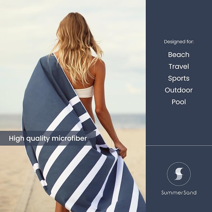 SummerSand Microfiber Beach Towel - Quick Dry, Sand Free - Compact and Lightweight for Travel - Recycled Materials - Travel Bag Included - Large Microfiber Towel (63x31.5in – Deep Blue)
