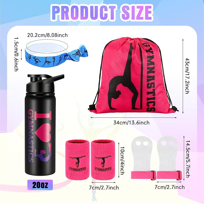 Xtinmee 66 Pcs Gymnastics Gift for Women Girl Pink Gymnastics Party Favor Hand Grip Water Bottle Drawstring Backpack Wristband Hair Tie 50 Tattoo Sticker Stuff Team Birthday Christmas