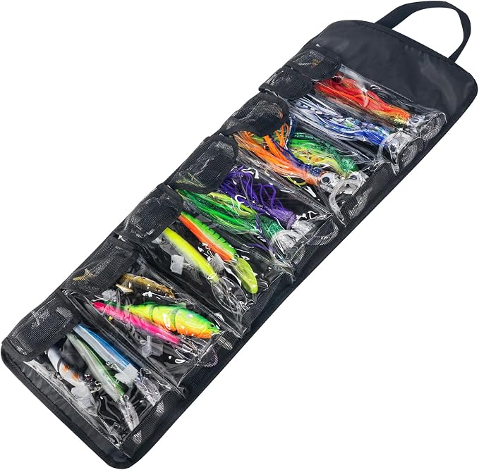 THKFISH Big Bait Bag, Roll-Up Large Trolling Lure Bag for Big Baits with 7 or 8 Heavy Duty PVC Protective Cover Pockets, Mesh Cleaning & Drying Tabs