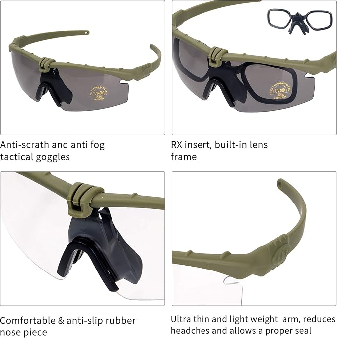 Tactical Eyewear Anti Fog UV400 Protection Glasses (Black and Green Frame, 2 Sets)
