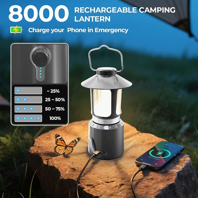 LED Camping Lantern, 8000mAh Telescopic Vintage Rechargeable Lantern, Dual Light Source & 3 Light Modes (2000K-6500K), 360° Lighting Emergency Lights for Camping, Home Power Outage, Hurricane, Hiking