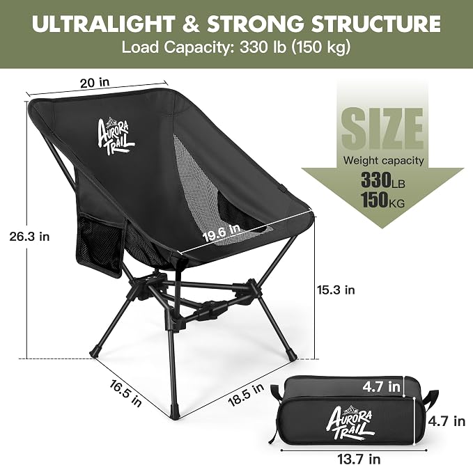 AuroraTrail Ultralight Backpacking Camping Chair – Only 2.7 lb, Supports 330 lb, Compact Folding Outdoor Seat with Carry Bag, 7075 Aluminum Frame for Hiking, Camping & Festivals (Black)