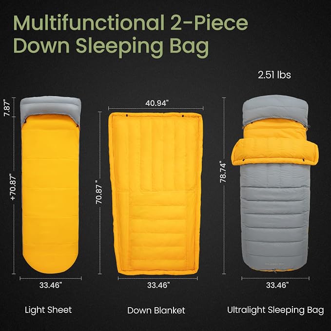 ATEPA Down Sleeping Bag for Adults, Recycled Ultralight 35°F 40°F 45°F 50°F 650FP / 700FP 3 Season Compact Sleeping Bags with Compression Sack for Backpacking Camping Hiking, Can Be Attached to Pad