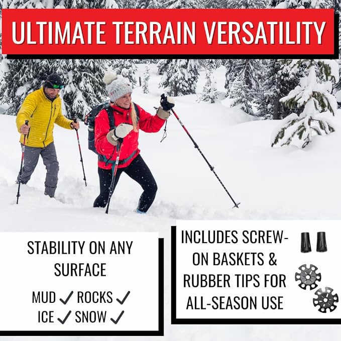 Trekking Poles – Adjustable Lightweight Hiking Poles with Snow Baskets & Carbide Tips for Winter, Rubber Tips for Summer, All-Terrain Use